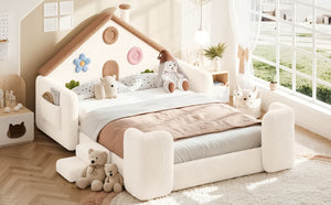 English Elm Full Size House Shaped Kids Floor Bed with Teddy Fleece and Embroidered Headboard Detail Beige + Natural Teddy 81.89 x 57.87 x 37.6 W5305S00265
