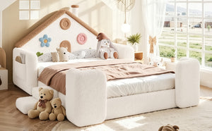 English Elm Full Size House Shaped Kids Floor Bed with Teddy Fleece and Embroidered Headboard Detail Beige + Natural Teddy 81.89 x 57.87 x 37.6 W5305S00265