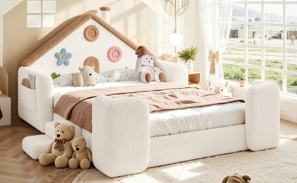 English Elm Full Size House Shaped Kids Floor Bed with Teddy Fleece and Embroidered Headboard Detail Beige + Natural Teddy 81.89 x 57.87 x 37.6 W5305S00265
