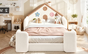 English Elm Full Size House Shaped Kids Floor Bed with Teddy Fleece and Embroidered Headboard Detail Beige + Natural Teddy 81.89 x 57.87 x 37.6 W5305S00265