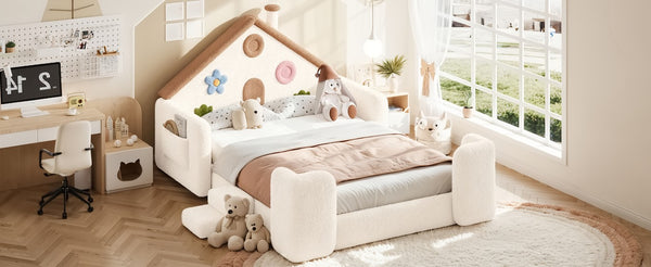 English Elm Full Size House Shaped Kids Floor Bed with Teddy Fleece and Embroidered Headboard Detail Beige + Natural Teddy 81.89 x 57.87 x 37.6 W5305S00265