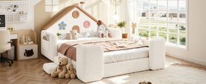 English Elm Full Size House Shaped Kids Floor Bed with Teddy Fleece and Embroidered Headboard Detail Beige + Natural Teddy 81.89 x 57.87 x 37.6 W5305S00265