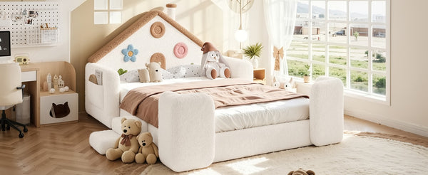 English Elm Full Size House Shaped Kids Floor Bed with Teddy Fleece and Embroidered Headboard Detail Beige + Natural Teddy 81.89 x 57.87 x 37.6 W5305S00265