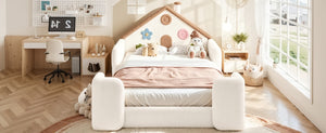 English Elm Full Size House Shaped Kids Floor Bed with Teddy Fleece and Embroidered Headboard Detail Beige + Natural Teddy 81.89 x 57.87 x 37.6 W5305S00265
