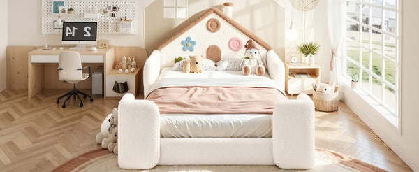 English Elm Full Size House Shaped Kids Floor Bed with Teddy Fleece and Embroidered Headboard Detail Beige + Natural Teddy 81.89 x 57.87 x 37.6 W5305S00265