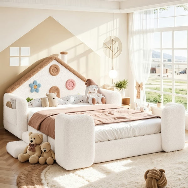 English Elm Full Size House Shaped Kids Floor Bed with Teddy Fleece and Embroidered Headboard Detail Beige + Natural Teddy 81.89 x 57.87 x 37.6 W5305S00265