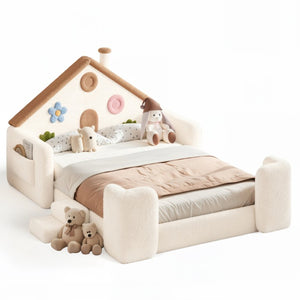 English Elm Full Size House Shaped Kids Floor Bed with Teddy Fleece and Embroidered Headboard Detail Beige + Natural Teddy 81.89 x 57.87 x 37.6 W5305S00265