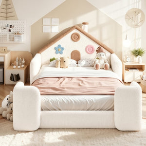 English Elm Full Size House Shaped Kids Floor Bed with Teddy Fleece and Embroidered Headboard Detail Beige + Natural Teddy 81.89 x 57.87 x 37.6 W5305S00265