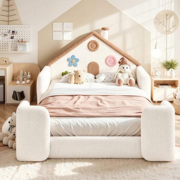 English Elm Full Size House Shaped Kids Floor Bed with Teddy Fleece and Embroidered Headboard Detail Beige + Natural Teddy 81.89 x 57.87 x 37.6 W5305S00265