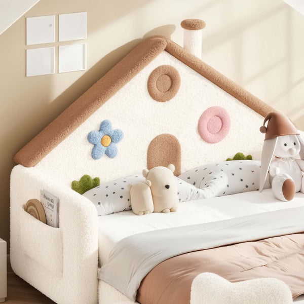 English Elm Full Size House Shaped Kids Floor Bed with Teddy Fleece and Embroidered Headboard Detail Beige + Natural Teddy 81.89 x 57.87 x 37.6 W5305S00265