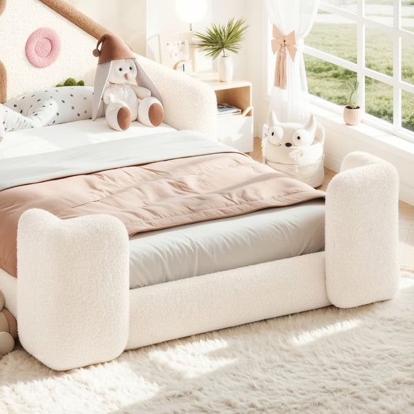 English Elm Full Size House Shaped Kids Floor Bed with Teddy Fleece and Embroidered Headboard Detail Beige + Natural Teddy 81.89 x 57.87 x 37.6 W5305S00265