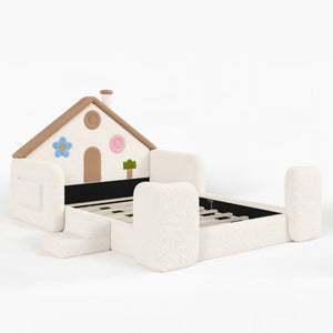 English Elm Full Size House Shaped Kids Floor Bed with Teddy Fleece and Embroidered Headboard Detail Beige + Natural Teddy 81.89 x 57.87 x 37.6 W5305S00265