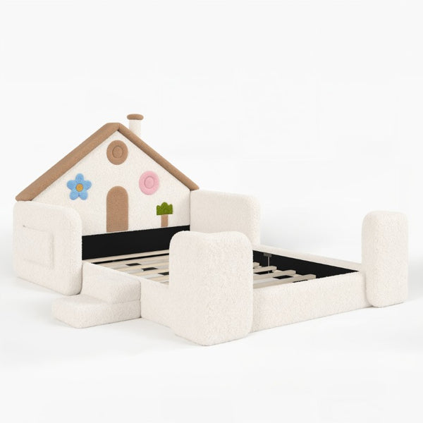 English Elm Full Size House Shaped Kids Floor Bed with Teddy Fleece and Embroidered Headboard Detail Beige + Natural Teddy 81.89 x 57.87 x 37.6 W5305S00265