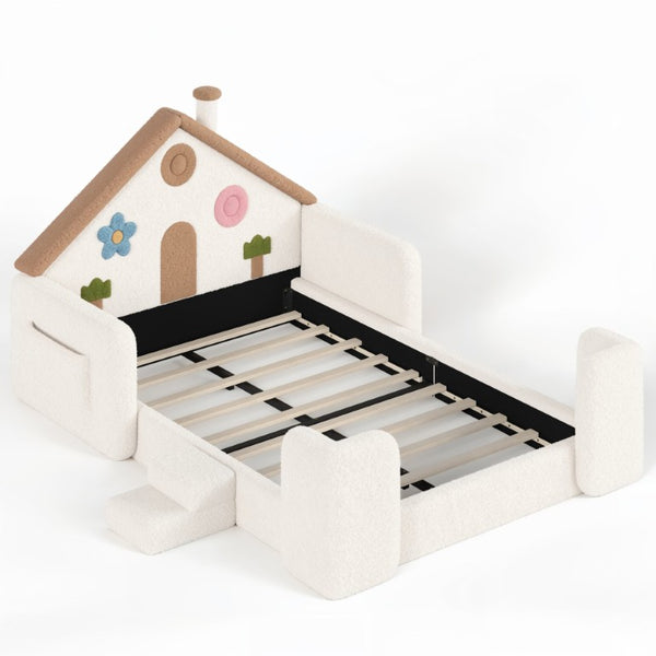 English Elm Full Size House Shaped Kids Floor Bed with Teddy Fleece and Embroidered Headboard Detail Beige + Natural Teddy 81.89 x 57.87 x 37.6 W5305S00265