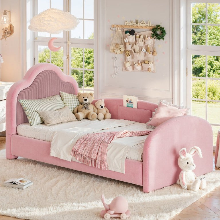 English Elm Full Size House Shaped Kids Floor Bed with Teddy Fleece and Embroidered Headboard Detail Pink Corduroy, Velvet 79.1 x 42.5 x 35.6 W5305S00266