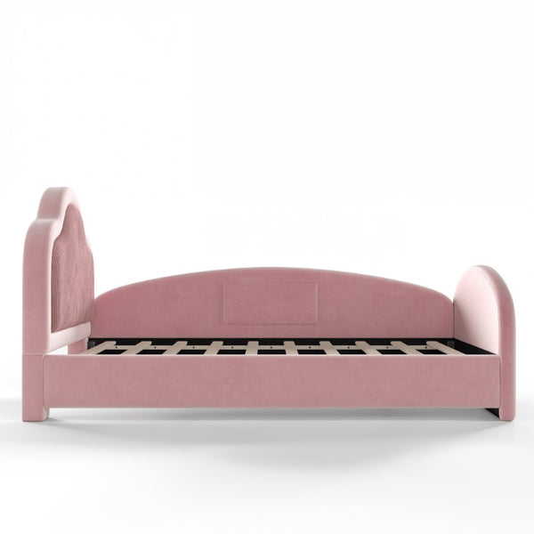English Elm Full Size House Shaped Kids Floor Bed with Teddy Fleece and Embroidered Headboard Detail Pink Corduroy, Velvet 79.1 x 42.5 x 35.6 W5305S00266