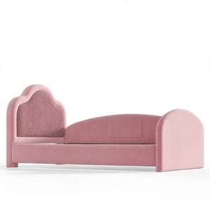 English Elm Full Size House Shaped Kids Floor Bed with Teddy Fleece and Embroidered Headboard Detail Pink Corduroy, Velvet 79.1 x 42.5 x 35.6 W5305S00266