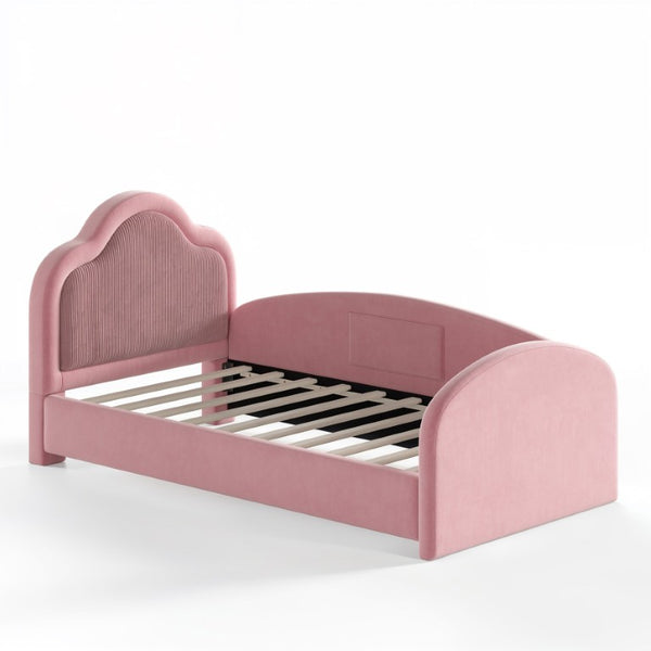 English Elm Full Size House Shaped Kids Floor Bed with Teddy Fleece and Embroidered Headboard Detail Pink Corduroy, Velvet 79.1 x 42.5 x 35.6 W5305S00266