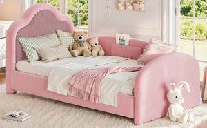 English Elm Full Size House Shaped Kids Floor Bed with Teddy Fleece and Embroidered Headboard Detail Pink Corduroy, Velvet 79.1 x 42.5 x 35.6 W5305S00266