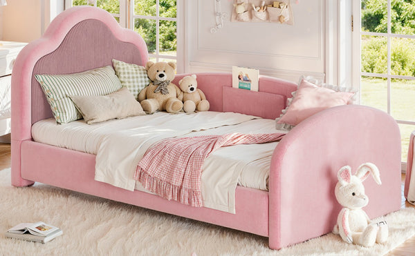English Elm Full Size House Shaped Kids Floor Bed with Teddy Fleece and Embroidered Headboard Detail Pink Corduroy, Velvet 79.1 x 42.5 x 35.6 W5305S00266