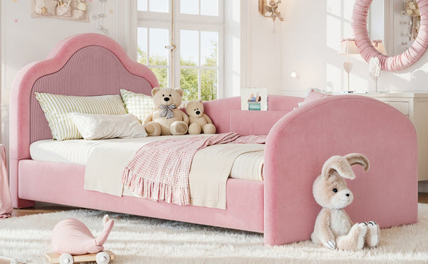 English Elm Full Size House Shaped Kids Floor Bed with Teddy Fleece and Embroidered Headboard Detail Pink Corduroy, Velvet 79.1 x 42.5 x 35.6 W5305S00266