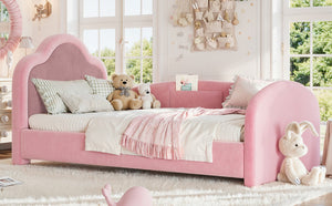 English Elm Full Size House Shaped Kids Floor Bed with Teddy Fleece and Embroidered Headboard Detail Pink Corduroy, Velvet 79.1 x 42.5 x 35.6 W5305S00266