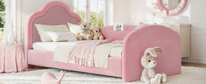 English Elm Full Size House Shaped Kids Floor Bed with Teddy Fleece and Embroidered Headboard Detail Pink Corduroy, Velvet 79.1 x 42.5 x 35.6 W5305S00266