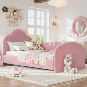 English Elm Full Size House Shaped Kids Floor Bed with Teddy Fleece and Embroidered Headboard Detail Pink Corduroy, Velvet 79.1 x 42.5 x 35.6 W5305S00266