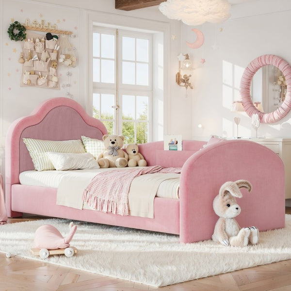 English Elm Full Size House Shaped Kids Floor Bed with Teddy Fleece and Embroidered Headboard Detail Pink Corduroy, Velvet 79.1 x 42.5 x 35.6 W5305S00266
