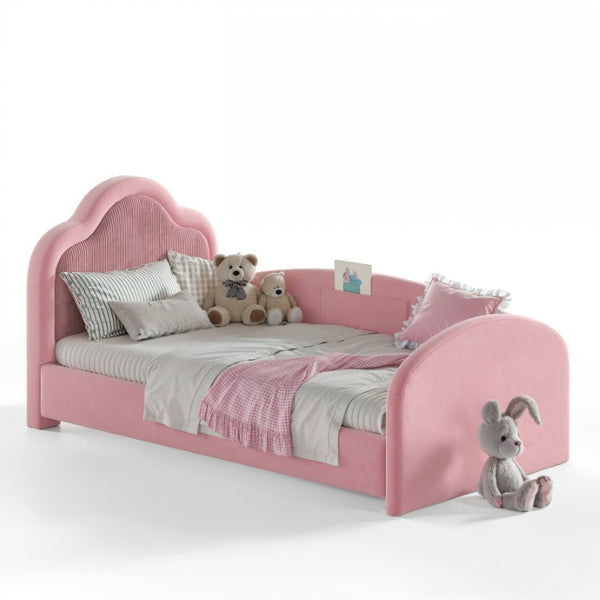 English Elm Full Size House Shaped Kids Floor Bed with Teddy Fleece and Embroidered Headboard Detail Pink Corduroy, Velvet 79.1 x 42.5 x 35.6 W5305S00266