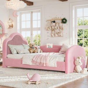 English Elm Full Size House Shaped Kids Floor Bed with Teddy Fleece and Embroidered Headboard Detail Pink Corduroy, Velvet 79.1 x 42.5 x 35.6 W5305S00266