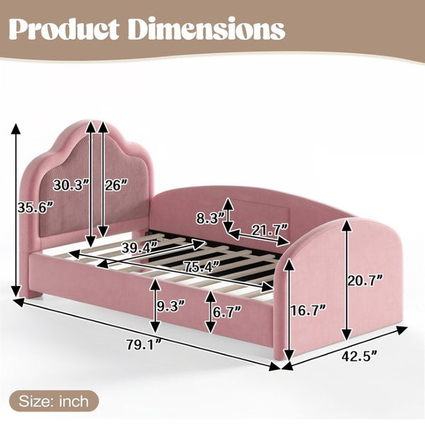 English Elm Full Size House Shaped Kids Floor Bed with Teddy Fleece and Embroidered Headboard Detail Pink Corduroy, Velvet 79.1 x 42.5 x 35.6 W5305S00266