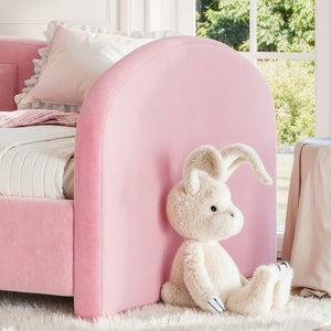 English Elm Full Size House Shaped Kids Floor Bed with Teddy Fleece and Embroidered Headboard Detail Pink Corduroy, Velvet 79.1 x 42.5 x 35.6 W5305S00266