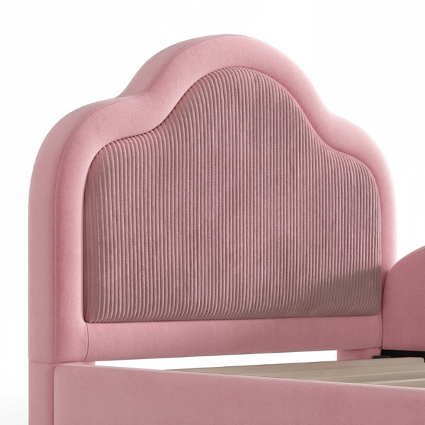 English Elm Full Size House Shaped Kids Floor Bed with Teddy Fleece and Embroidered Headboard Detail Pink Corduroy, Velvet 79.1 x 42.5 x 35.6 W5305S00266
