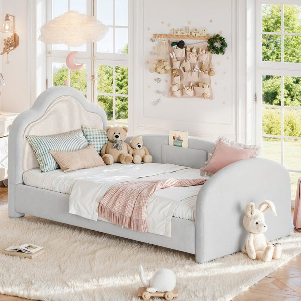 English Elm Twin Curved Upholstered Floor Bed for Kids with Safety Rails and Built-In Storage Pocket Light Gray Twin W5305S00267