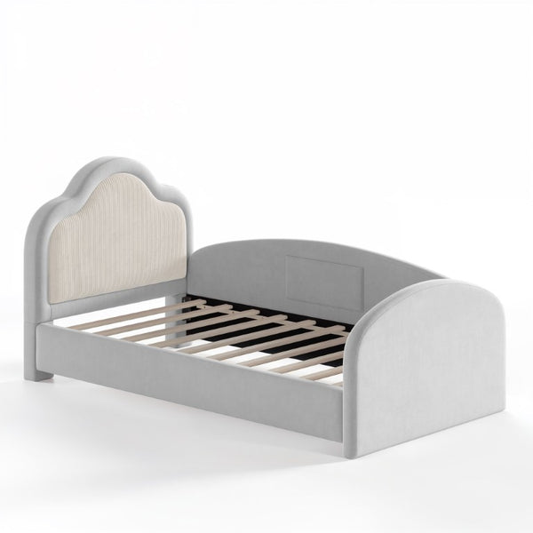 English Elm Twin Curved Upholstered Floor Bed for Kids with Safety Rails and Built-In Storage Pocket Light Gray Twin W5305S00267