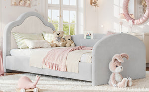 English Elm Twin Curved Upholstered Floor Bed for Kids with Safety Rails and Built-In Storage Pocket Light Gray Twin W5305S00267