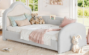 English Elm Twin Curved Upholstered Floor Bed for Kids with Safety Rails and Built-In Storage Pocket Light Gray Twin W5305S00267