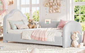 English Elm Twin Curved Upholstered Floor Bed for Kids with Safety Rails and Built-In Storage Pocket Light Gray Twin W5305S00267