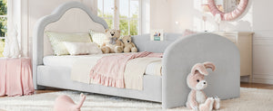 English Elm Twin Curved Upholstered Floor Bed for Kids with Safety Rails and Built-In Storage Pocket Light Gray Twin W5305S00267