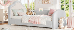 English Elm Twin Curved Upholstered Floor Bed for Kids with Safety Rails and Built-In Storage Pocket Light Gray Twin W5305S00267