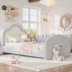 English Elm Twin Curved Upholstered Floor Bed for Kids with Safety Rails and Built-In Storage Pocket Light Gray Twin W5305S00267