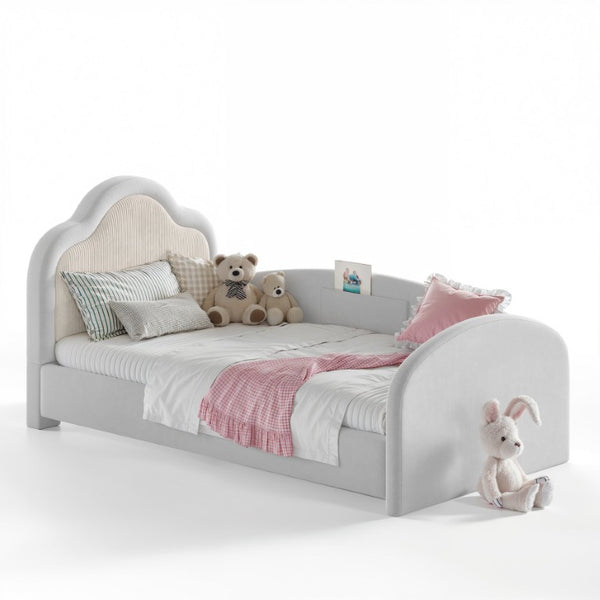 English Elm Twin Curved Upholstered Floor Bed for Kids with Safety Rails and Built-In Storage Pocket Light Gray Twin W5305S00267