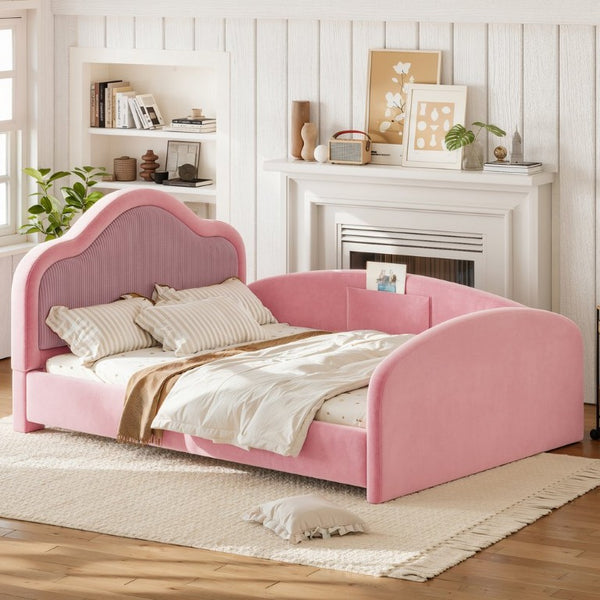 English Elm Twin Curved Upholstered Floor Bed for Kids with Safety Rails and Built-In Storage Pocket Pink Full W5305S00268