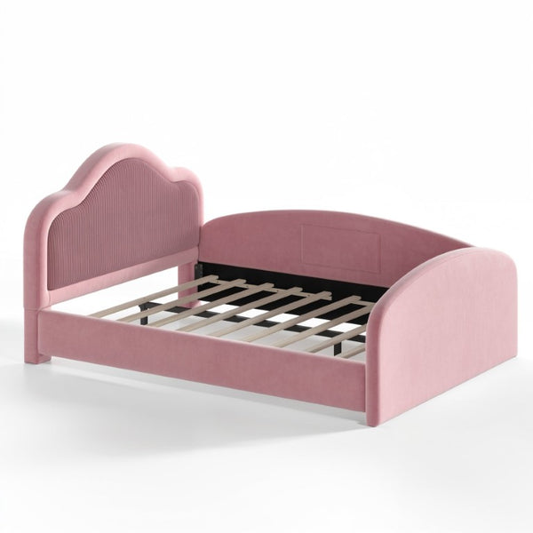 English Elm Twin Curved Upholstered Floor Bed for Kids with Safety Rails and Built-In Storage Pocket Pink Full W5305S00268