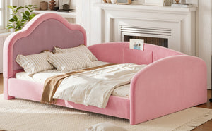 English Elm Twin Curved Upholstered Floor Bed for Kids with Safety Rails and Built-In Storage Pocket Pink Full W5305S00268