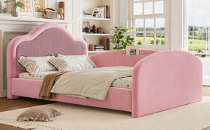 English Elm Twin Curved Upholstered Floor Bed for Kids with Safety Rails and Built-In Storage Pocket Pink Full W5305S00268