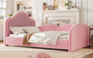 English Elm Twin Curved Upholstered Floor Bed for Kids with Safety Rails and Built-In Storage Pocket Pink Full W5305S00268