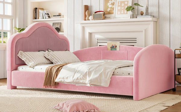 English Elm Twin Curved Upholstered Floor Bed for Kids with Safety Rails and Built-In Storage Pocket Pink Full W5305S00268