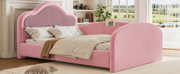 English Elm Twin Curved Upholstered Floor Bed for Kids with Safety Rails and Built-In Storage Pocket Pink Full W5305S00268